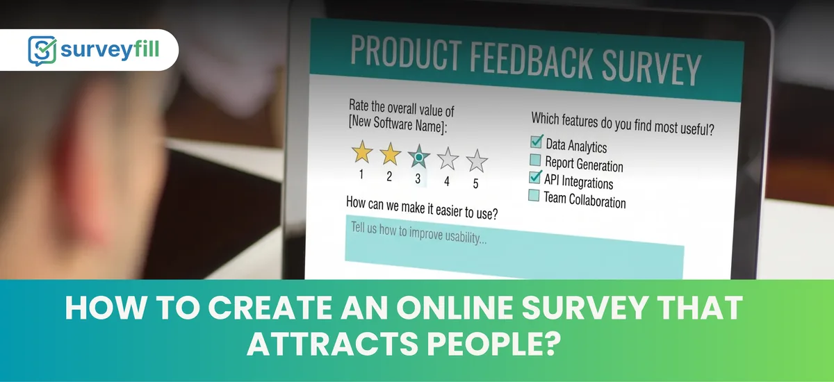 A person completing a product feedback survey with star ratings and checkboxes on a laptop