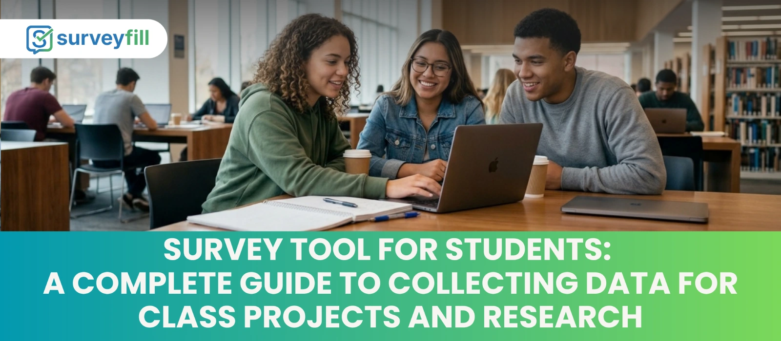 Three university students collaborating on a laptop in a campus library to collect survey data for a class project